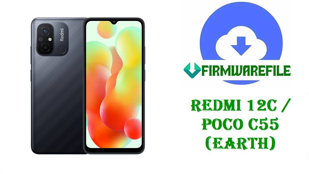 Promotional image of black Xiaomi Redmi 12C / POCO C55 (earth) smartphone in front and back views with colorful screen, paired with FirmwareFile blue cloud download logo for ROM firmware.